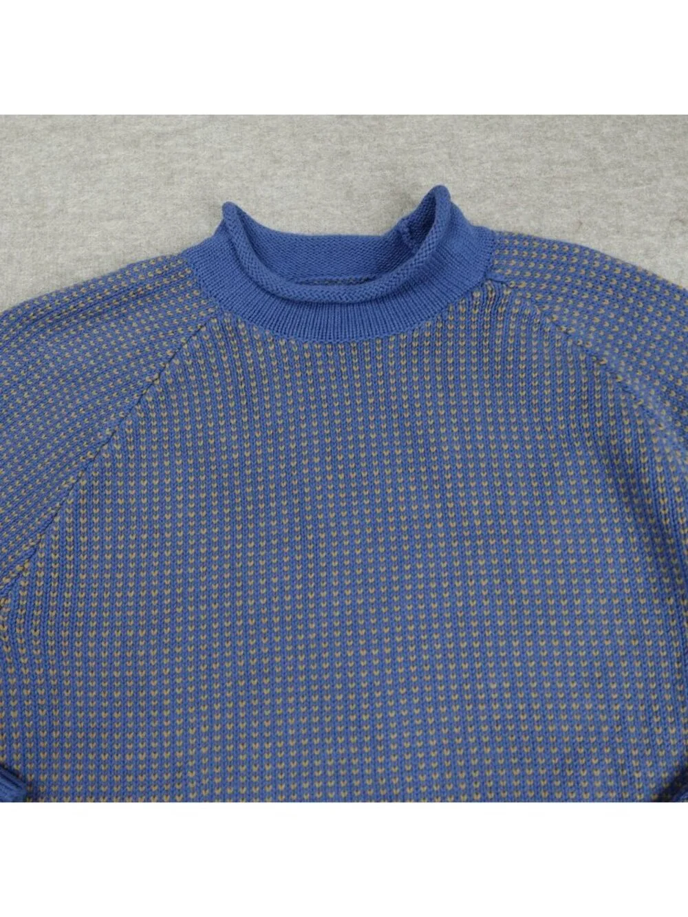 LL Bean Mens Sweater XL Blue Roll Neck 100% Organic Cotton Raglan